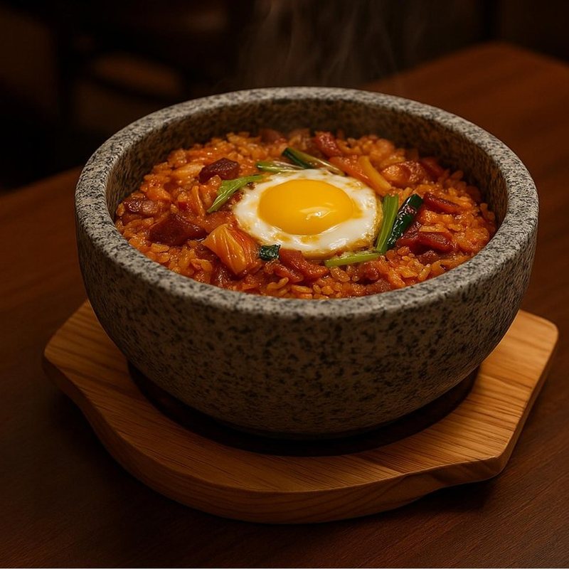 Stone dolsot pot on a wooden trivet